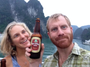 Hanoi Beer on a cruise of Halong Bay.  Smiles all around.